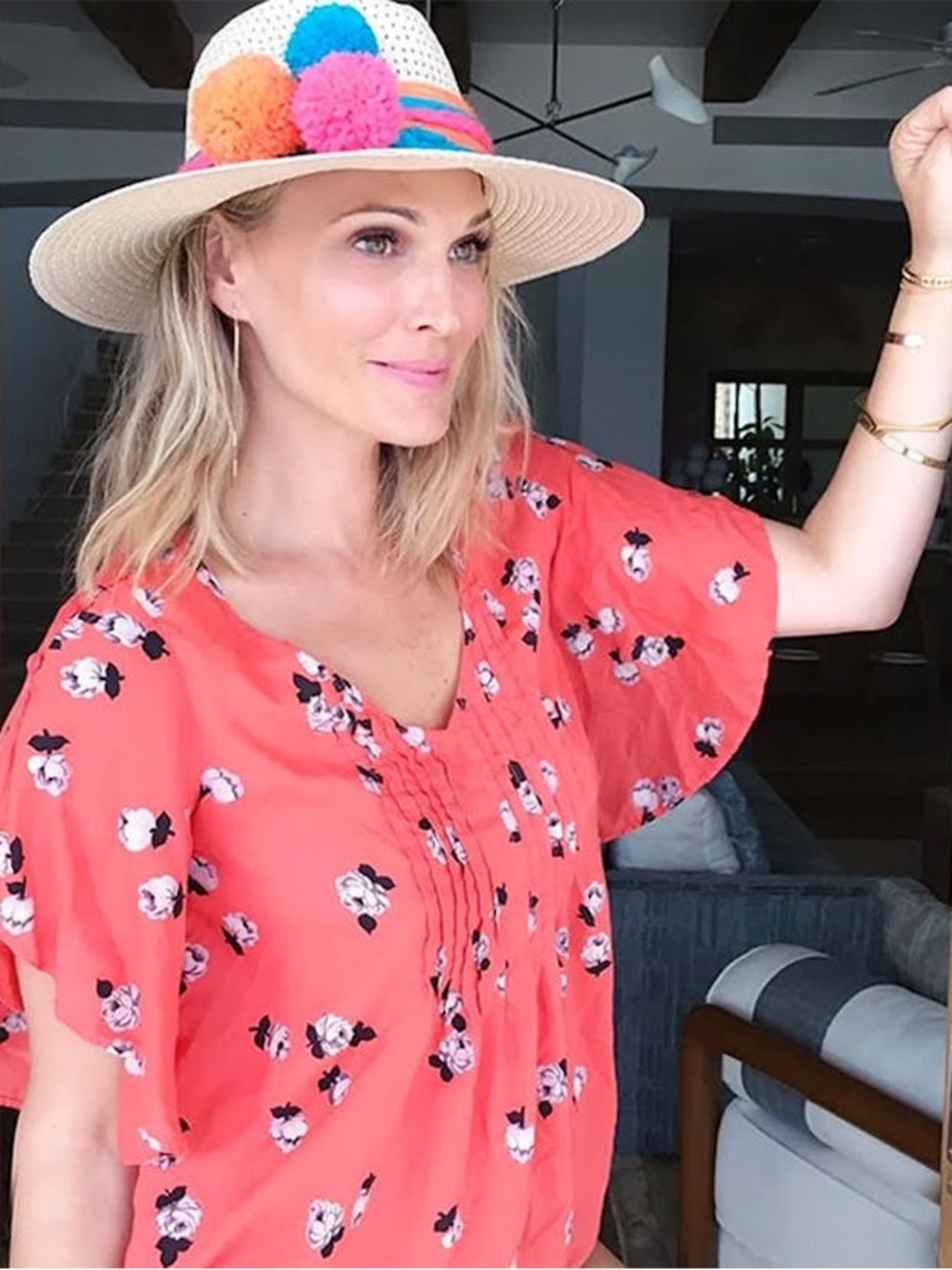 Anthropologie Mauve Women’s Coral Pink Floral Pintuck Flutter-Sleeve Blouse